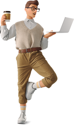 3D Business Man Standing With Laptop And Coffee