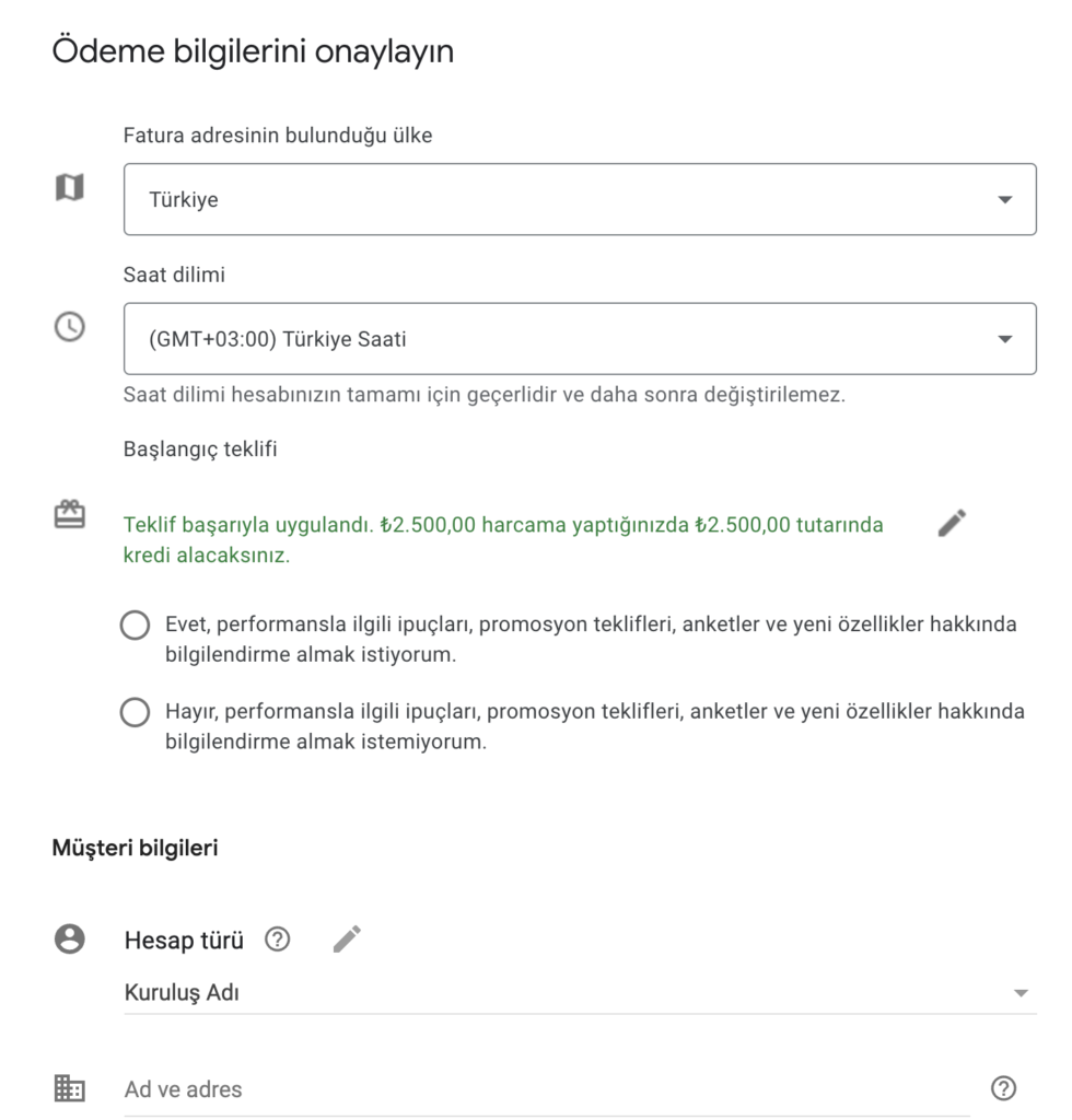 Google Ads Ödeme Bilgileri Onaylama Ekranı